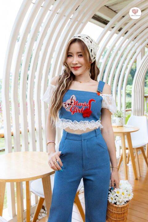 cassia-denim-set-เซ็ตกางเกงยีนส์สุดน่ารัก-ตัดต่อกับผ้าลูกไม้ลงตัว-สวย-หวาน-เซ็กซี่ใส่ง่าย-ช่วงอกเป็นงานปักลายน้องแมว