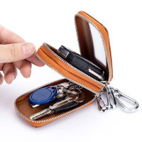 【CW】Mens Car Key Case Genuine Leather Zipper Double Layer Waistband Zipper Pouch Solid Color Keychain Key Wallet Key Organizer