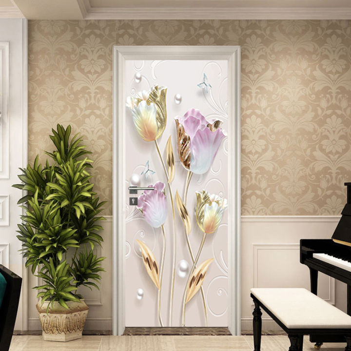 โกลเด้นดอกไม้3d-ประตูสติ๊กเกอร์กันน้ำกาวตนเองพีวีซีห้องนอนห้องน้ำประตูตกแต่งสติ๊กเกอร์