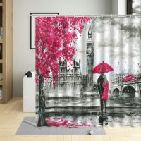 Street View London Big Ben Shower Curtain Soul Mates Oil Painting Romantic Couple Bathroom Curtains Waterproof Bathtub Decor