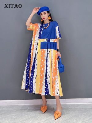 XITAO Dress Patchwork Print Women  Loose Dress