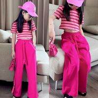 Girls cold drape striped suit modern western style wear short-sleeved t-shi女童冰凉条纹套装时髦洋气装短袖T恤垂感防蚊阔腿直筒裤潮T818z