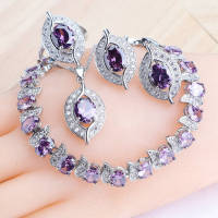 Purple Zircon Silver 925 Jewelry Sets Bridal Earrings Charms celets For Women Ring Pendant Necklace Set Wedding Jewelry