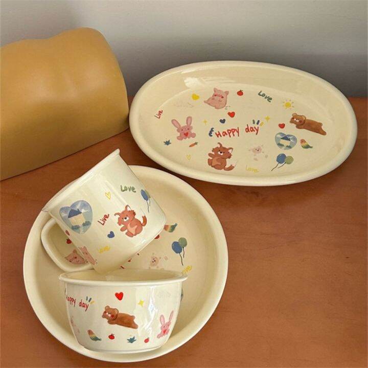 korean-ins-style-cute-cream-bunny-ceramic-bowl-home-tableware-dessert-plate-breakfast-bowl-mug-set