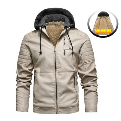 Leather Jacket Men Autumn Winter Fleece Liner PU Leather Coats with Hood Winter Male Clothing Casual White Motorcycle Jackets