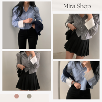 Mira_shop เสื้อเชิ้ตแขนยาว ลายทาง คอปก ดูดี 74001#