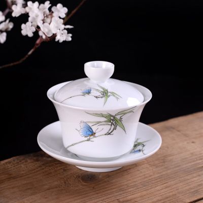 } ”| 》? ชุดถ้วยชาเครื่องเซรามิกแบบจีนถ้วยน้ำชา Gaiwan ระบายมือสีฟ้าและเครื่องกระเบื้องสีขาวชามมีฝาพร้อมจานรองฝาถ้วย