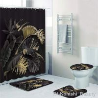 【hot】♂  and Gold Shower Curtain Set for Bathtub Leaves Mats Rugs Toilet