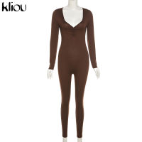 Kliou Solid Classic Jumpsuit Women U-neck Cleavage Long Sleeve Skinny One Piece Outfit Body-shaping Atirewear Female Overall