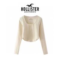 เสื้อยืดลายก้างปลาแขนยาวพอดีเพรียวคอปกสี่เหลี่ยมสีทึบผู้หญิง Hollister 20 22ใหม่ฤดูใบไม้ผลิและฤดูร้อนเสื้อเข้ากับทุกชุดของผู้หญิง