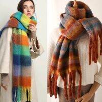 ✿ 2022 New Women Plaid Scarf Winter Pashmina Shawls Cashmere Thick Wraps Lady Tassel Warm Scarves Rainbow Hairy Bufanda