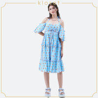 KLOSET  Chilli Print Halter Neck Dress (SS21-D005) เดรสปาดไหล่ เดรสคล้องคอ เดรสผ้าพิมพ์ เดรสระบาย เดรสผู้หญิง เดรสแฟชั่น