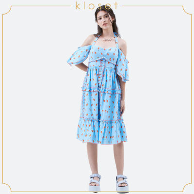 KLOSET  Chilli Print Halter Neck Dress (SS21-D005) เดรสปาดไหล่ เดรสคล้องคอ เดรสผ้าพิมพ์ เดรสระบาย เดรสผู้หญิง เดรสแฟชั่น