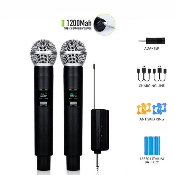 Wireless Microphone Dual UHF Handheld Mike Dynamic Mic 18650 ...