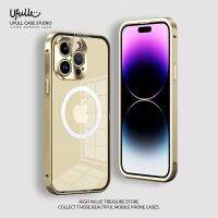 เคสโทรศัพท์โลหะสำหรับ iPhone 12 13 14 Pro Max 14Plus,เคสแบบโปร่งใสกรอบโลหะอัลตร้า S22 S23 Samsung Magsafe ไร้สาย