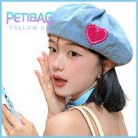 PETIBAG รักเชอร์รี่ หมวกเบเร่ต์เดนิม สีชมพูอมชมพู ระบายอากาศได้ระบายอากาศ หมวกปานามา เรโทร กันแดดป้องกันแสงแดด หมวกเด็กขายหนังสือพิมพ์ สำหรับผู้หญิง