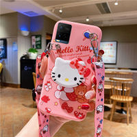 ป้องกันสำหรับ VIVO Y21 VIVO Y21s Y33s Y21T Y33T Y16 Y35 Y22 Y22s Y02s Y01 Y15s Y15a Hello Kitty Melody Crossbody สีชมพู TPU ฝาครอบซิลิโคนที่มีเชือกและวงเล็บโทรศัพท์กรณี VIVOY21 VIVOY33s VIVOY21s