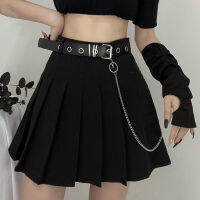 Black Pleated Skirt With Chain-Belt Punk Rock Girl Cheerleading Belted Mini Skirt Alt Women e-girl Outfit