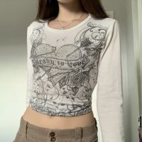 Y2k Fairy Grunge Diamonds Graphic พิมพ์ Crop Top ฤดูใบไม้ร่วงแขนยาว Slim Fit Pullovers Tees ผู้หญิง Vintage White Crop Top Clothes