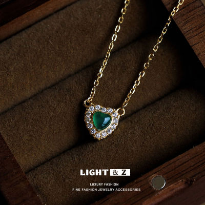 LIGHT &amp; Z Light Luxury Ocean Heart Emerald Diamond 925 Sterling Silver Exquisite Love Necklace Retro Green Agate Pendant