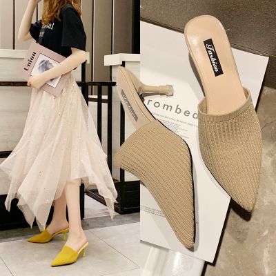 2023 new slippers female fashion wears outside half pointed baotou high restoring ancient ways with fine joker web celebrity