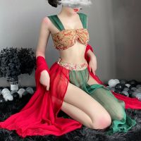 【CW】 Hot Shawl Temptation Pajamas Bandage Chinese Style Dress Chinese Red Sexy Hanfu Apron Women Lingerie High Split Skirt Uniform