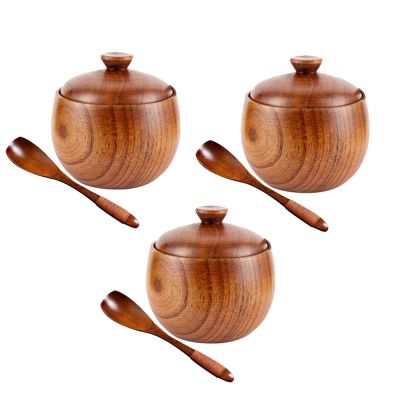 hotx【DT】 3pcs/set Seasoning Jar Bowl Pepper Storage Box Lid Spice Jars Set Wood