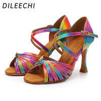 DILEECHI รองเท้าเต้นรำแบบละตินสีรุ้ง Bright PU ผู้หญิง Salsa Elegant Cuba ส้นสูง9ซม. รองเท้าเต้นรำบอลรูม Soft Outsole