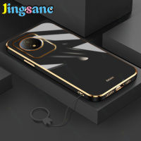 Jingsanc เคสสำหรับ VIVO Y02ป้องกันเลนส์กล้องเต็มบางกันกระแทกหรูหราลูกอมเรียบขอบตรง TPU เคสกันชนโลหะชุบสองด้านพร้อมฝาครอบฝาหลัง Vivo Y02