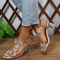 【CW】2023 Summer Women Sandals Crystal Flower Decoration Chunky Heel Peep Toe Back Strap Elastic Band Elegant Fashion Womens Shoes