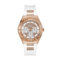 นาฬิกาผู้หญิง Guess Luna Crystal White Dial Rose Gold Steel and White Silicone Strap Ladies Watch W0653L4