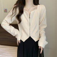 French Style Gentle Square Collar Off-Shoulder Long-Sleeve Zipper Shirt Womens Spring Unique Chic Irregular Short Top