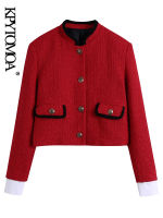 KPYTOMOA Women Fashion With Pockets Tweed Cropped Jacket Coat Vintage Long Sleeve Button-up Female Outerwear Chic Tops