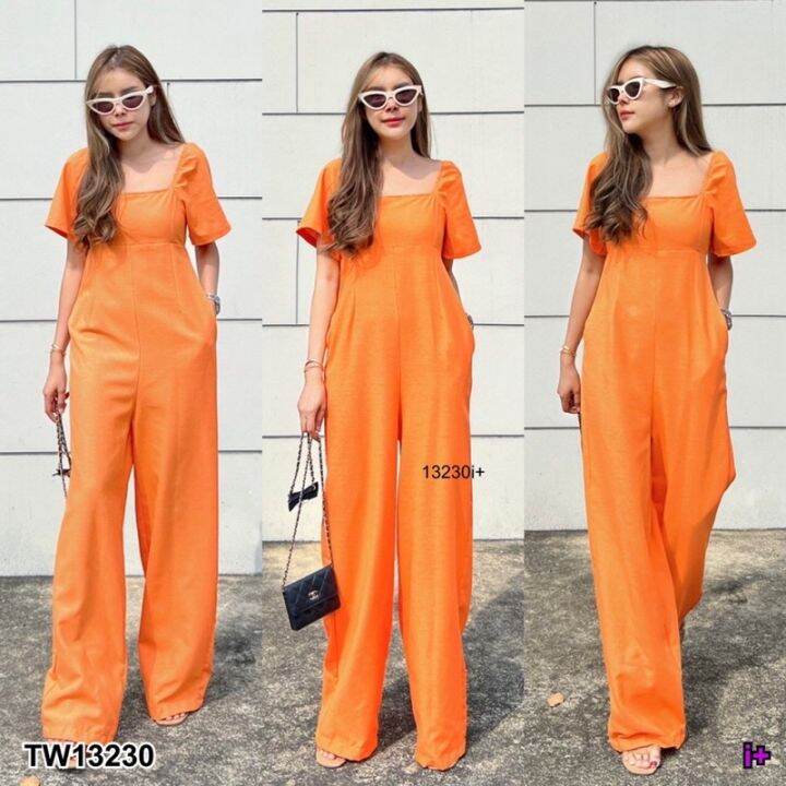 jumpsuit-จั๊มสูทขายาว-คอเหลี่ยมแขนสั้น-มีกระเป๋าสองข้าง-มีซิปหลัง-เนื้อผ้าลินิน