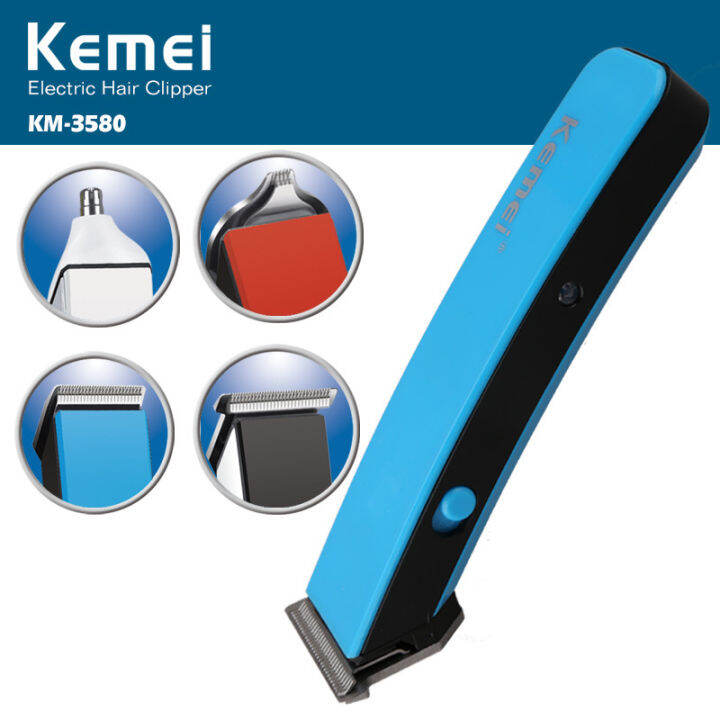 kemei-ปัตตาเลี่ยนไร้สาย-4-in-1-แบบชาร์จ-km-3580-ใบมีดสแตนเลส-มอเตอร์-pd-alloy-เปลี่ยนได้-4-หัว-แกะลาย-ตัดขนจมูกพร้อมหวีรอง-4-ขนาด-สีฟ้า