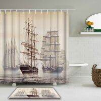 Pirate Ship Shower Curtain Set With Hooks 3D Navigation Waterproof Fabric Bathroom Curtain and Toilet Anti-slip Bath Mat