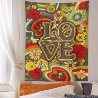 Love and Flowers Wall Hanging Tapestry Retro 70s 60s Psychedelic  Hippie Floral Art Background Bedroom Dorm Room Wall Decor Tapestries Hangings