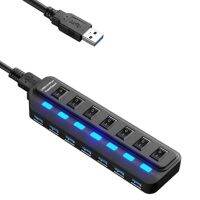 【support】 Rehmans store. แบบพกพา USB 3.0 Hub Splitter USB Extender 7พอร์ต USB Ultra Data Hub พร้อมสวิตช์ไฟเดี่ยวและ R2JF LED