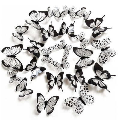 12 24PcsSet Black White 3D Butterfly Wall Stickers Wedding Decoration Bedroom Living Room Home Decor Butterflies Decals Decals