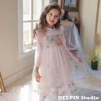 Girls Princess Dress 2022 Spring New Spanish Style Girls Cheongsam Hand-Embroidered Mesh Skirt Mesh Long-Sleeved Stitching Dress