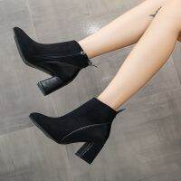 Ready Stock New Design Plus Size 35-44 Womens Suede Pointed Toe Fashion Casual R High-heeled Short Martin Boots