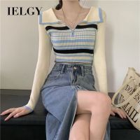 IELGY เสื้อถักสำหรับผู้หญิงเสื้อโปโลลายทางสีตัดกัน