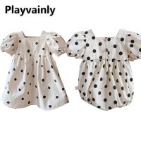 【YF】 Summer Family Matching Sets Apricot Short Puff Sleeves Dot Dress Square Collar Bodysuit Baby Girl Sister Twins Clothes E5104