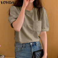 VONDA แขนพองเสื้อยืดคอกลมลำลองผู้หญิงเสื้อหนากระเป๋าเสื้อทอ (ดอกไม้เกาหลี)