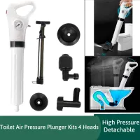 Toilet alta pressão Inflator êmbolo bomba Kits ferramenta draga pneumática com 4 cabeças destacável WC êmbolo clog removedor