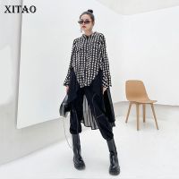 XITAO Shirt Plaid Patchwork Draped Casual Women Fashion Long Flare Sleeve Shirt