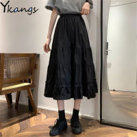 Black Goth Lolita Long Pleated Skirt Women Ruffles Vintage High Waist Harajuku Midi Skirt Summer Korean Patchwork Streetwear