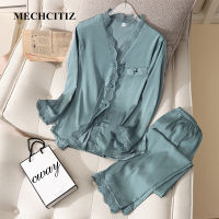 MECHCITIZ Pajamas Satin Women 2PCS Sleep Set y Sleepwear Pants Autumn Silk Pyjama Set Satin Kimono Bathrobe y Nightwear