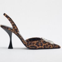 Womens ZARAˉShoes New Leopard Print Rhinestone Ornament Details Slingback Shallow Mouth High Heel Mules Women