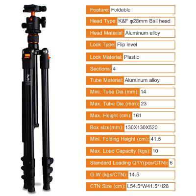 K &amp; F ขาตั้งกล้องท่องเที่ยวอลูมิเนียมพกพาขนาด64.17นิ้ว/163ซม. พร้อมหัวลูกบอลองศา360ปล่อยอย่างรวดเร็วสำหรับกล้อง DSLR